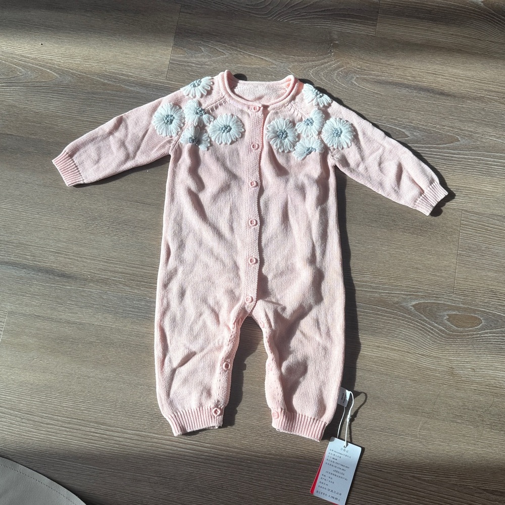 NWT BABY GIRL pink cotton knit flower embroidered coveralls